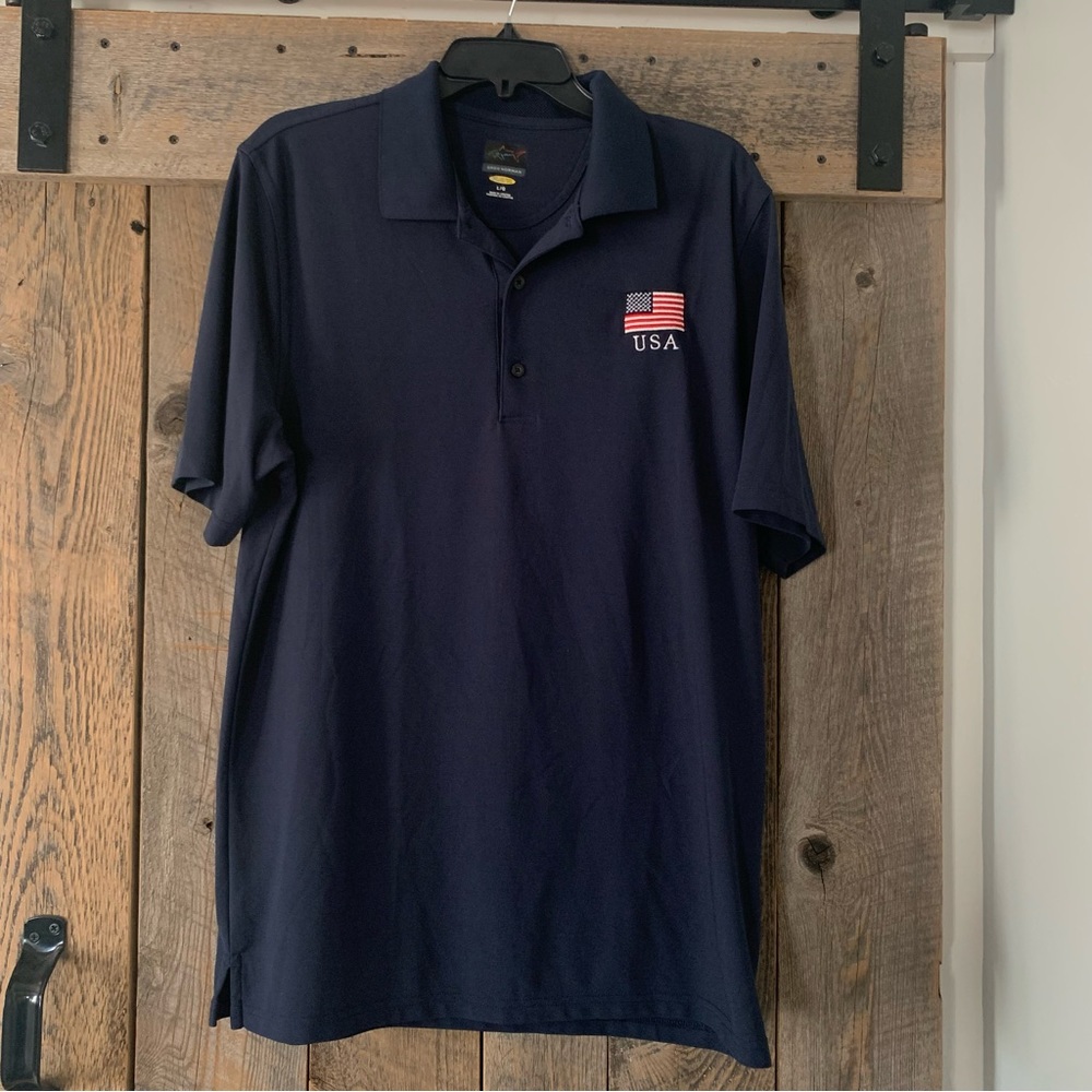 Men’s L GREG NORMAN Navy Blue Play Dry Polyester Pique Freedom Flag Polo Shirt